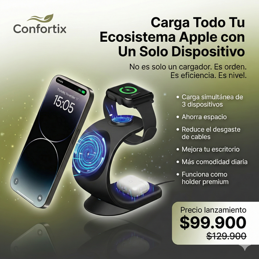 Cargador Apple 3 en 1. Un solo cable, tres dispositivos. Cargador con diseño premium.